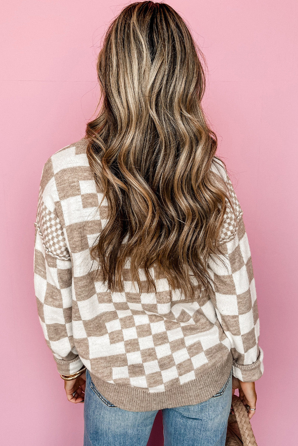 Khaki Checkered Print Drop Sweater