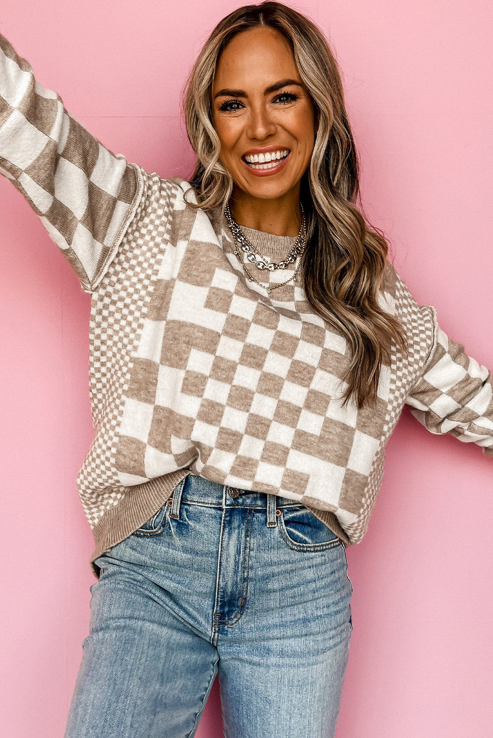 Khaki Checkered Print Drop Sweater