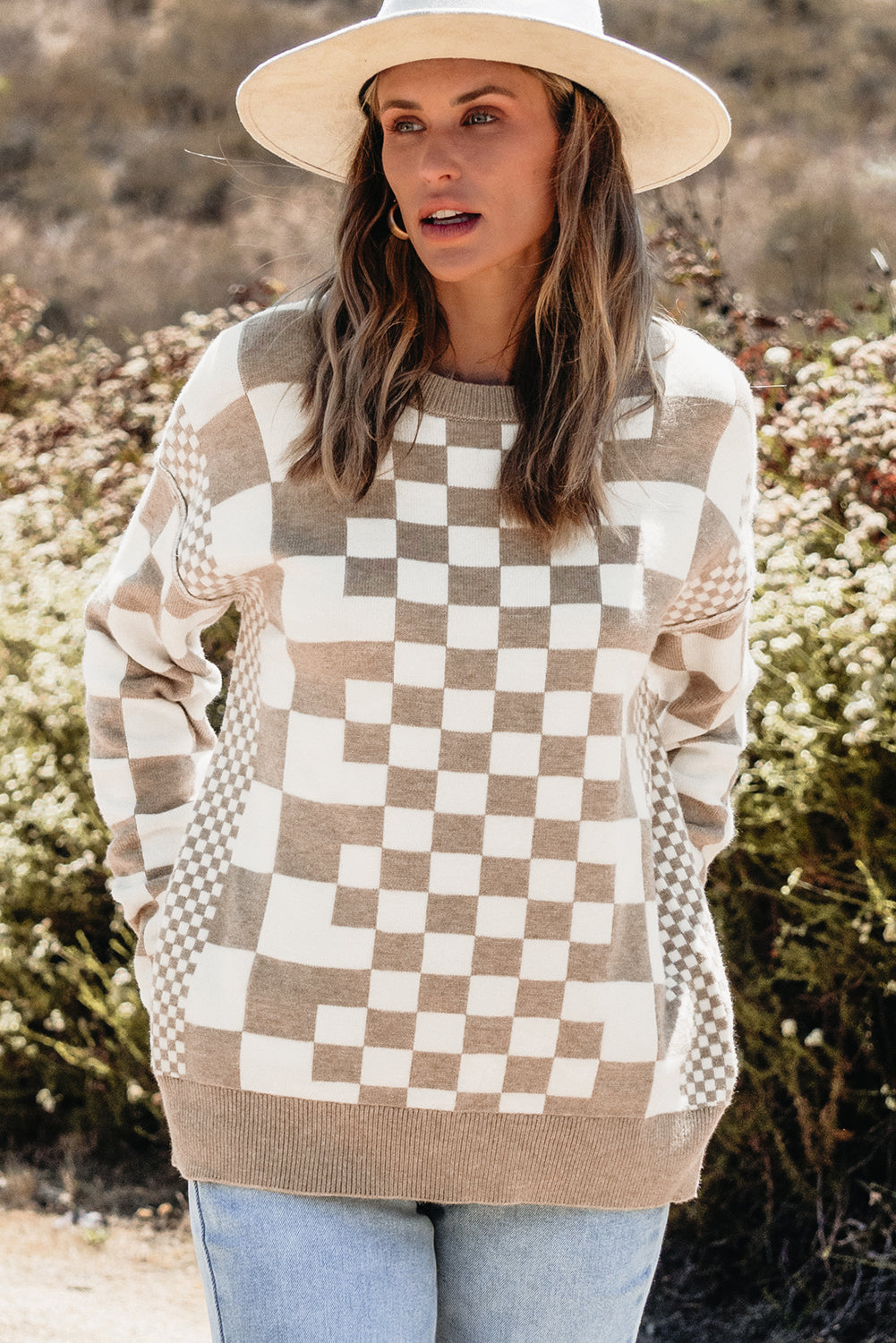 Khaki Checkered Print Drop Sweater