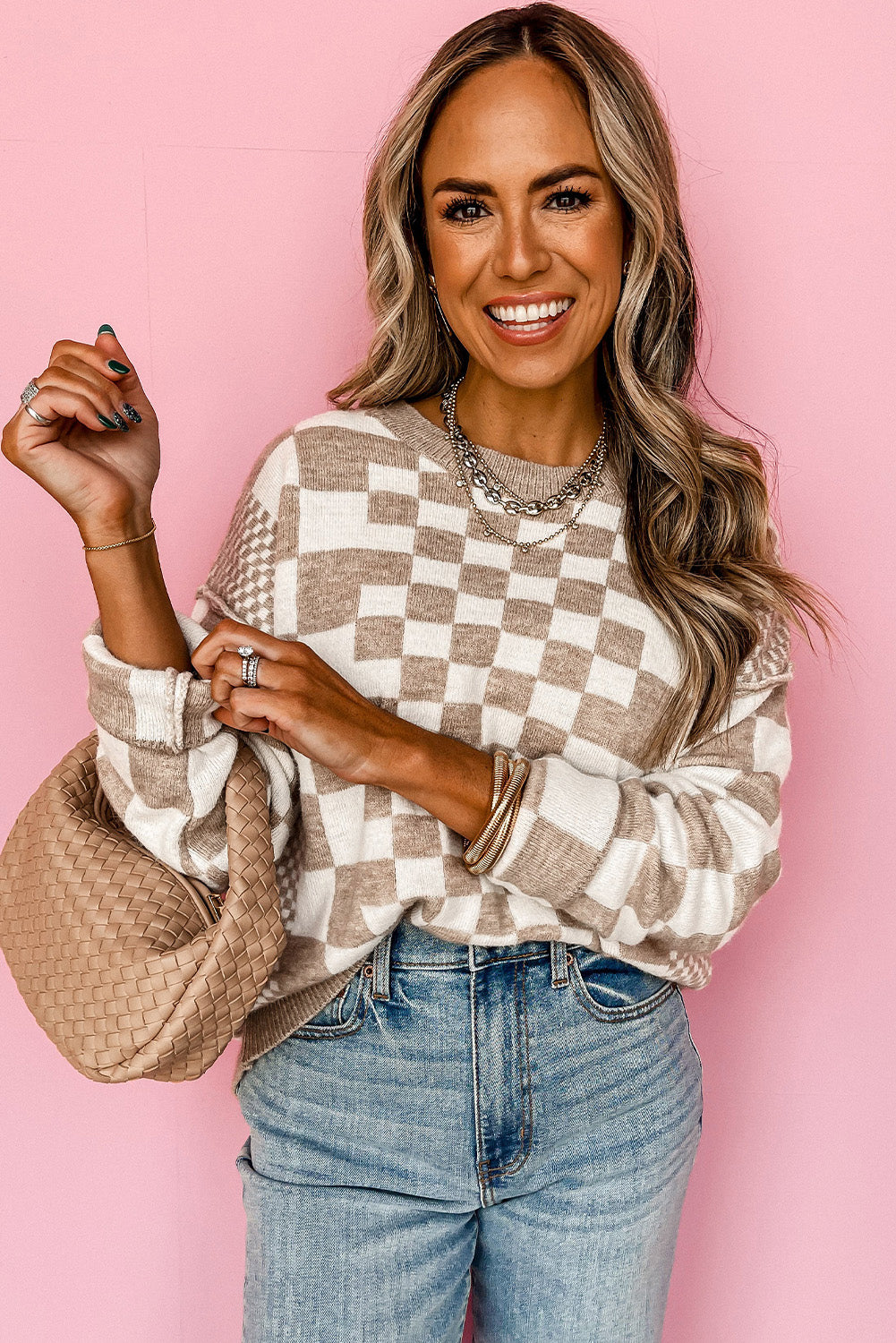 Khaki Checkered Print Drop Sweater